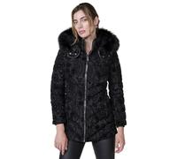 Koroshi Gepolsterte Damenjacke mit Beflockung in Schwarz, hüftlang, abnehmbare Kapuze und Details in Felloptik.