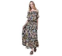 Koroshi Langes halbtransparentes Maxikleid mit Off-Shoulder-Ausschnitt und Blumendruck, Schwarz