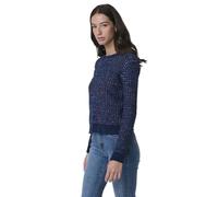 Koroshi Strickpullover für Damen, Rundhalsausschnitt, langärmlig, mehrfarbiges Herz-Design, Metallplatte mit Logo, blau, M