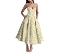 Korsett Kleid Damen Sommer Lang Trägerkleid Damen Midi Elegant A Linie Sommerkleid Blumen Spaghettiträger Sundress Corset Sommerkleider Leicht Und Luftig Midikleid Sommer mit Taschen Kleider