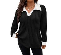 Koscacy Damen-Pullover, Übergröße, lässiger Strickpullover, Revers, V-Ausschnitt, einfarbig, leicht, langärmelig, Schwarzweiß, X-Large Mehr