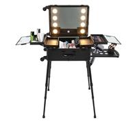 Kosmetikkoffer Trolley Schminkkoffer mit 4 Rollen LED Spiegel Schminktisch Makeup-Zug-Koffer Reise-Kosmetik-Organizer Profi-Schminkstation Verstellbare Beine (Schwarz)
