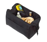 Kosmetiktasche 25x17x13 cm Kulturbeutel mit Metallbügel und Steckfächern stabile Kulturtasche aus 600D Polyester schwarz großes Hauptfach verstärkt mit Reißverschluss ideal für Reisen Bad Camping