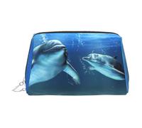 Kosmetiktasche aus Leder mit Delfinen im Meer, Kosmetiktasche aus Leder, Make-up-Tasche für Geldbörse mit Reißverschluss oben, stilvolle Kulturtasche, silber, Eine Größe