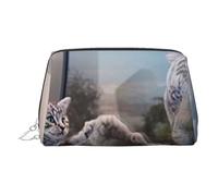 Kosmetiktasche aus Leder mit Katzen- und Reflexionstiger-Tierdruck, Make-up-Tasche für Geldbörse mit Reißverschluss oben, stilvolle Kulturtasche, silber, Eine Größe