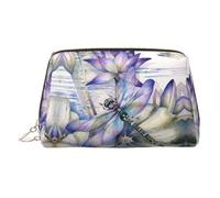 Kosmetiktasche aus Leder mit Libelle auf Lotusblüte, Make-up-Tasche aus Leder für Geldbörse mit Reißverschluss oben, stilvolle Kulturtasche, gold, Eine Größe