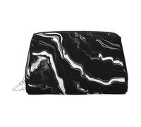 Kosmetiktasche aus Leder mit Marmor-Druck, Kosmetiktasche aus Leder, Make-up-Tasche für Geldbörse mit Reißverschluss oben, stilvolle Kulturtasche, Schwarz / Weiß, silber, Eine Größe