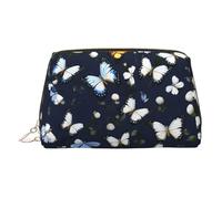 Kosmetiktasche aus Leder, Motiv: weiße Blüten mit blauen Schmetterlingen, Make-up-Tasche für Geldbörse mit Reißverschluss oben, stilvolle Kulturtasche, gold, Eine Größe