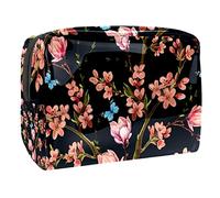 Kosmetiktasche aus PVC, Motiv: Schmetterlinge, tropische Blumen, wasserdicht, Reise-Tragetasche für Damen und Mädchen