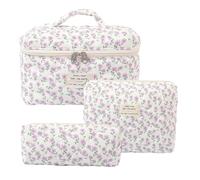 Kosmetiktasche Damen Reise Make Up Tasche, 3 Stück Große Baumwolle Kulturtasche Make-Up Organizer Tasche Cosmetic Bag mit Blumenmuster für Kosmetik Kosmetikartikel (Lila Pfauenblume)