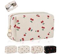 Kosmetiktasche Groß Klein Kulturbeutel aus Cord für Reise Schminktasche Mädchen Make up Tasche Kleine für Damen Reisezubehör-Organizer Multifunktion Geldbeutel Kulturtasche 21*7*13cm(Kirschen-Beige)