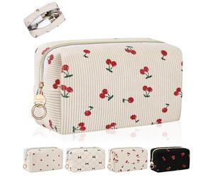 Kosmetiktasche Groß Klein Kulturbeutel aus Cord für Reise Schminktasche Mädchen Make up Tasche Kleine für Damen Reisezubehör-Organizer Multifunktion Geldbeutel Kulturtasche 21*7*13cm(Kirschen-Beige)