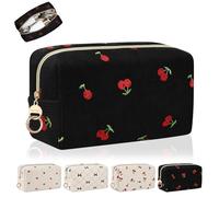 Kosmetiktasche Groß Klein Kulturbeutel Cord für Reise Schminktasche Mädchen Make up Tasche Kleine für Damen Reisezubehör-Organizer Multifunktion Geldbeutel Kulturtasche 21*7*13cm(Kirschen-Schwarz)