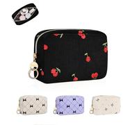 Kosmetiktasche Klein Mini Kulturbeutel Cord Schminktasche Damen Tragbare Make up Tasche Kleine für Reisezubehör-Organizer Multifunktional Kosmetikbeutel Geldbeutel Kulturtasche(Schwarz-Kirschen)