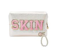 Kosmetiktasche mit 1 Buchstaben-Stickerei und 1 Perlenanhänger mit Schleife, wasserdichte Kosmetiktasche, Kosmetik-Aufbewahrungstasche mit großem Fassungsvermögen, multifunktionaler Kulturbeutel