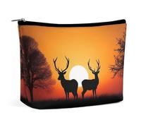 Kosmetiktasche mit grünen Blättern und weißen Blumen, tragbare Kulturtasche, Reise-Make-up-Tasche, Make-up-Organizer, Lippenstift-Tasche für Damen, Natur, Sonnenuntergang, Hirsch, Einheitsgröße