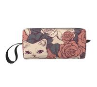 Kosmetiktasche mit Rosen-Katze für Damen, tragbare Make-up-Tasche, Reise-Aufbewahrungstasche, für den täglichen Gebrauch, große Kapazität, Kulturbeutel, weiß, Einheitsgröße