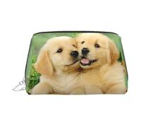 Kosmetiktasche mit Welpe Golden Retriever, Leder, Make-up-Tasche für Geldbörse mit Reißverschluss oben, stilvolle Kulturtasche, silber, Eine Größe