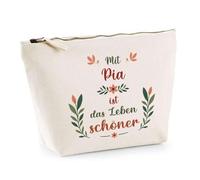 Kosmetiktasche Pia Leben schöner - Schminktäschchen, Make-up, Kulturtasche aus Baumwolle - Geschenk Muttertag, Geburtstag, Schwester, Weihnachten, Patentante