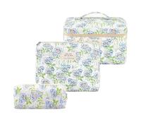 Kosmetiktasche Set Damen, 3pcs Reise Make-up Tasche aus Baumwolle，Blume Muster schminktasche (Blaue Blume)