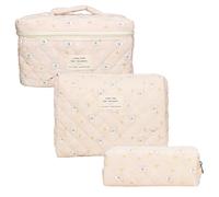 Kosmetiktasche Set Damen, 3pcs Reise Make-up Tasche aus Baumwolle，Blume Muster schminktasche (Weißes Kaninchen)