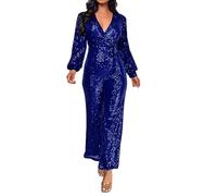 kosopse Damen Overall Schlafanzug Glitter Shiny Wrap V Neck Sexy Long Sleeve Romper Straight Wide Long Pants Skeleton Jumpsuit (Blue, M)