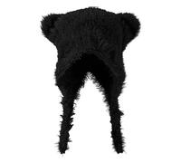 kosopse Männer Mütze für Damen, niedliches Bärenohr-Design, künstliches Kaninchenfell, Winddicht und warm, geeignet für und Winter Kinder Wintermütze (Black, One Size)