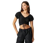 Koton Damen Crop Puff Sleeve Shirred V Neck T-Shirt, Black (999), M EU