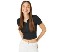 Koton Women Crop T-Shirt Polo Neck Short Sleeve Button Detail