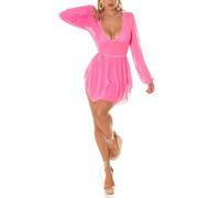 Koucla Babydoll Cover up-Kleid Mesh Minikleid Transparent Strandkleid Kleid mit Langarm und V-Ausschnitt L/XL