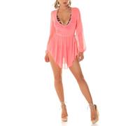 Koucla Babydoll Cover up-Kleid Mesh Minikleid Transparent Strandkleid Kleid mit Langarm und V-Ausschnitt S/M