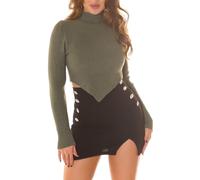 Koucla Damen Crop Turtle Neck Langarm Rippstrick Pullover Strickpullover Bauchfrei One Size (Einheitsgröße)
