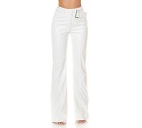 Damen Highwaist Kunstleder Hose Schlaghose Bootcut mit Deko Gürtel und Schnalle L