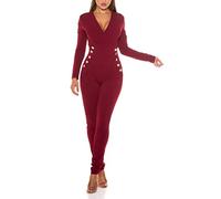 Koucla Damen Overall Eleganter Jumpsuit Hosenanzug V-Ausschnitt Deko-Knöpfen (Bordeaux, L)