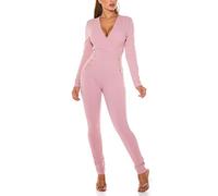 Koucla Damen Overall Eleganter Jumpsuit Hosenanzug V-Ausschnitt Deko-Knöpfen (Rosa, L)