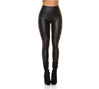 Koucla Damen Wetlook Lederlook Kunstleder Optik High Waist Thermo Leggings Bikerlook (L/XL, Schwarz)