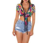 Koucla Fantasy Printed Kurzarm Crop Top mit Spitze zum Binden L/XL