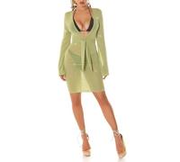 Koucla Glitzer Mesh Minikleid Cover-up Kleid Strandkleid Transparent mit Trompeten Langarm XXL-V-Ausschnitt und Gürtel L/XL