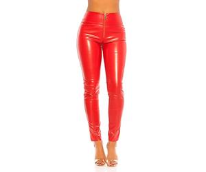 Koucla Highwaist Hose Wetlook Lederlook Optik Damen Hose mit Zip (Rot, L)