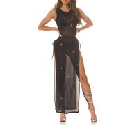 Koucla Hot Cover-up Kleid Maxikleid Transparent Ärmellos mit Bein-Cutouts und Glitzer Glitter Effekt S