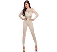 KouCla Langarm Overall mit Spitze und Pailletten - Eleganter Jumpsuit Einteiler in versch. Farben Gr. S,M,L (V184521) (L, Beige)
