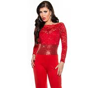 Koucla Langarm Overall mit Spitze und Paillettenborte - Eleganter Jumpsuit Einteiler in versch. Farben Gr. S,M,L (V18452) (S, 3 Rot)