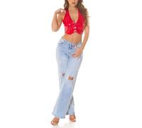 Koucla Latex Look Neckholder Crop Bauchfrei Top V-Neck Partytop mit Knöpfe S