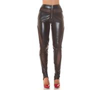 Koucla Lederlook Gogo Skinny Hose Lang Wetlook Leggings Highwaist Partyhose mit transparenten Mesh Einsätzen und Zipper Reißverschluss S