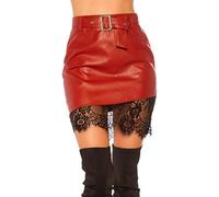 Koucla Lederlook Leder-Optik Rock Kunstleder Minirock mit Spitze und Gürtel (Bordeaux, M)