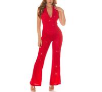 Koucla Musthave Maxi Neckholder Overall Transparent Long Jumpsuit Rückenfrei mit Wickel V-Neck und Glitzer Glitter One Size (Einheitsgröße)