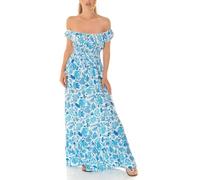 Koucla Off Shoulder Carmen Maxikleid Sommer Kleid Bodenlang mit Deko Knöpfe und Blumenmuster Flower Print L/XL