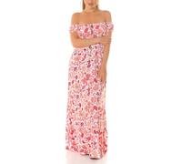 Koucla Off Shoulder Carmen Maxikleid Sommer Kleid Bodenlang mit Deko Knöpfe und Blumenmuster Flower Print S/M