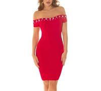 Koucla Off Shoulder Carmen Rippstrick Midikleid Strickkleid Cocktailkleid Bodycon Figurbetont Partykleid mit Glitzer Nieten One Size (Einheitsgröße)