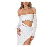 Koucla Off Shoulder Leder Look Carmen Crop Top Kunstleder Bustier Partytop mit Chiffon Ärmel Langarm One Size (Einheitsgröße)
